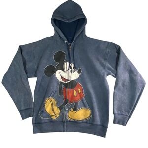Disney Mickey Mouse Full Zip Hoodie Faded Blue‎ Graphic Sweatshirt Mens Medium